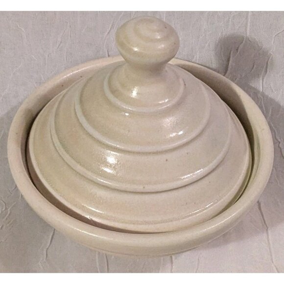 Art Pottery Salt Cellar Dish Lid Lucy Fagella Ring Trinket Box Marked LF Neutral - Picture 10 of 16